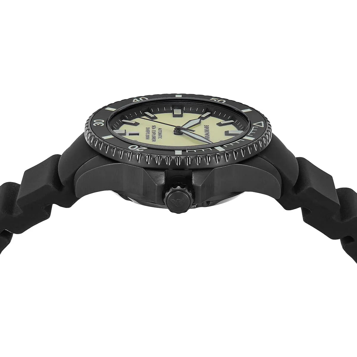 Detailed view of black-tone protected crown on Emporio Armani Sea Explorer AR60085 men's automatic watch with yellow dial