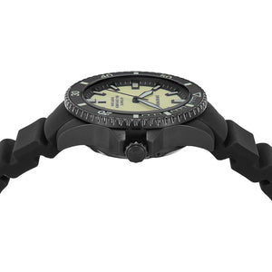 Detailed view of black-tone protected crown on Emporio Armani Sea Explorer AR60085 men's automatic watch with yellow dial
