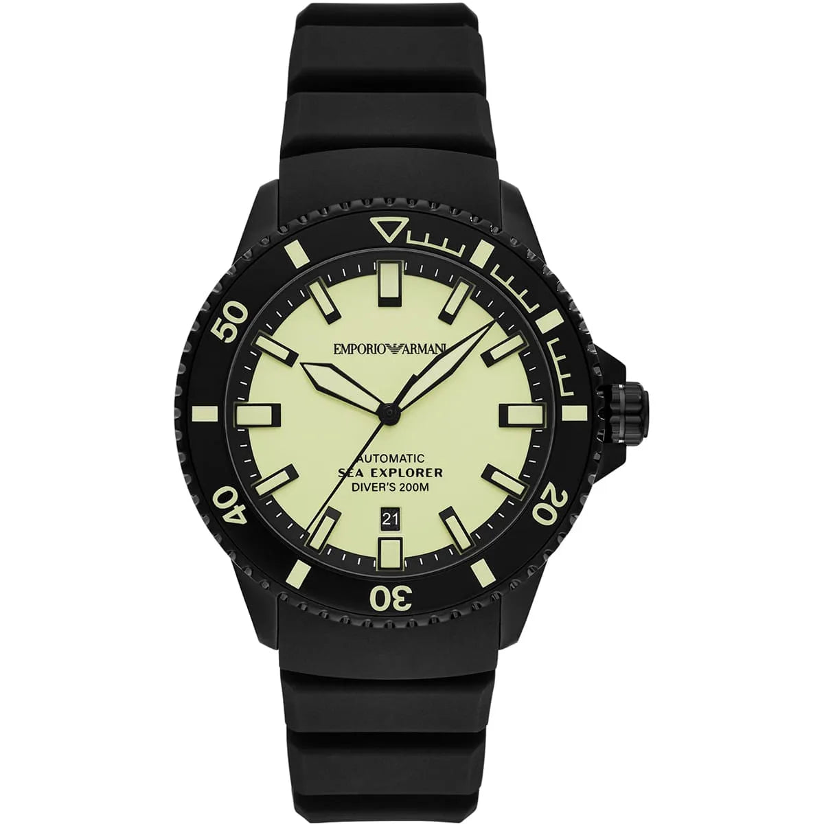 Emporio Armani Sea Explorer AR60085 men's automatic watch with yellow dial, black-tone case, black rubber strap main view