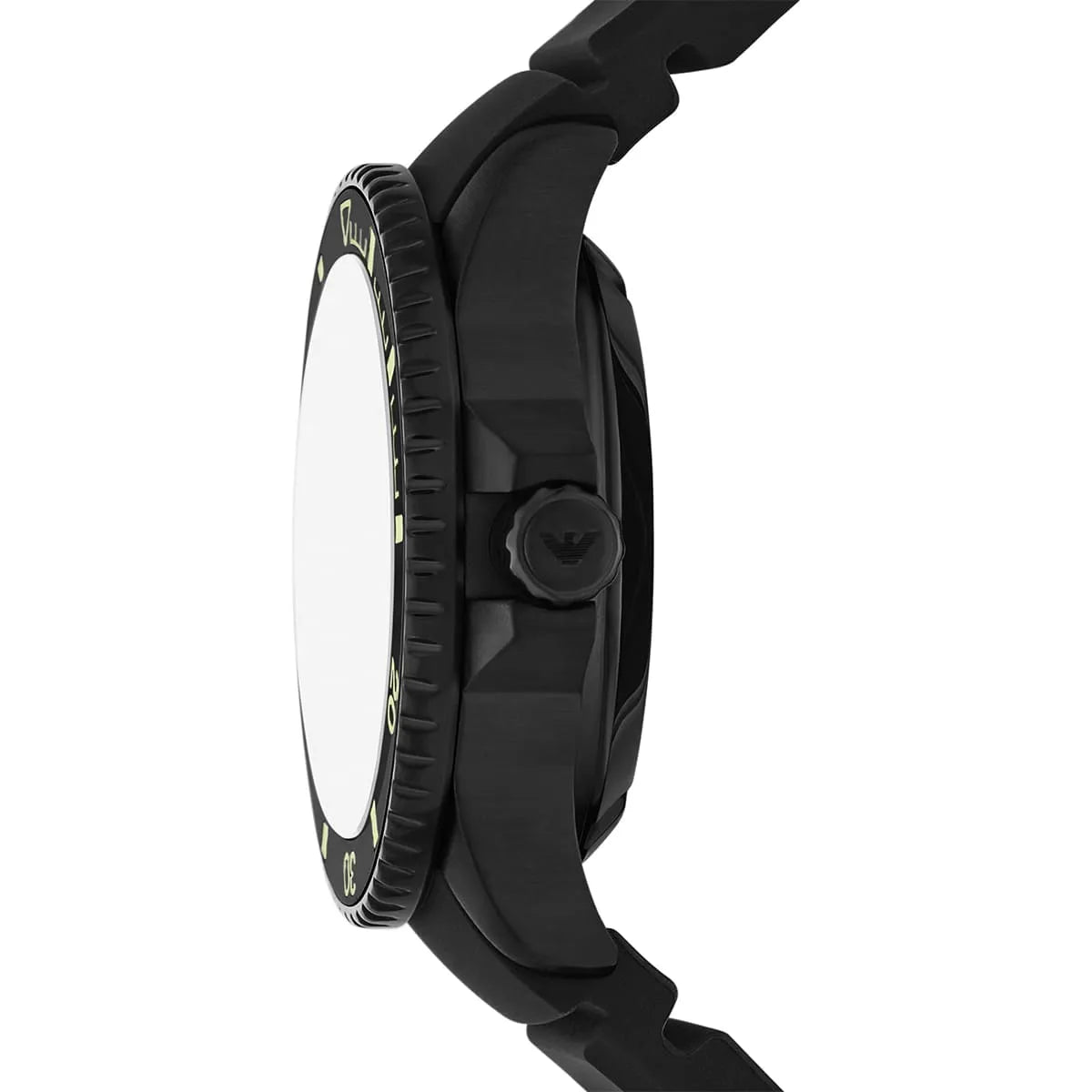 Side profile of Emporio Armani Sea Explorer AR60085 men's automatic watch showing 13mm thickness and black finish
