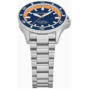 Angled shot of the Emporio Armani AR60090 showing the robust blue and orange sporty design