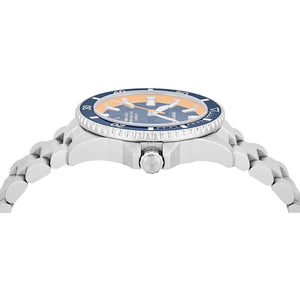 Side view of the silver stainless steel case and screw-down crown of the Armani Sea Explorer AR60090