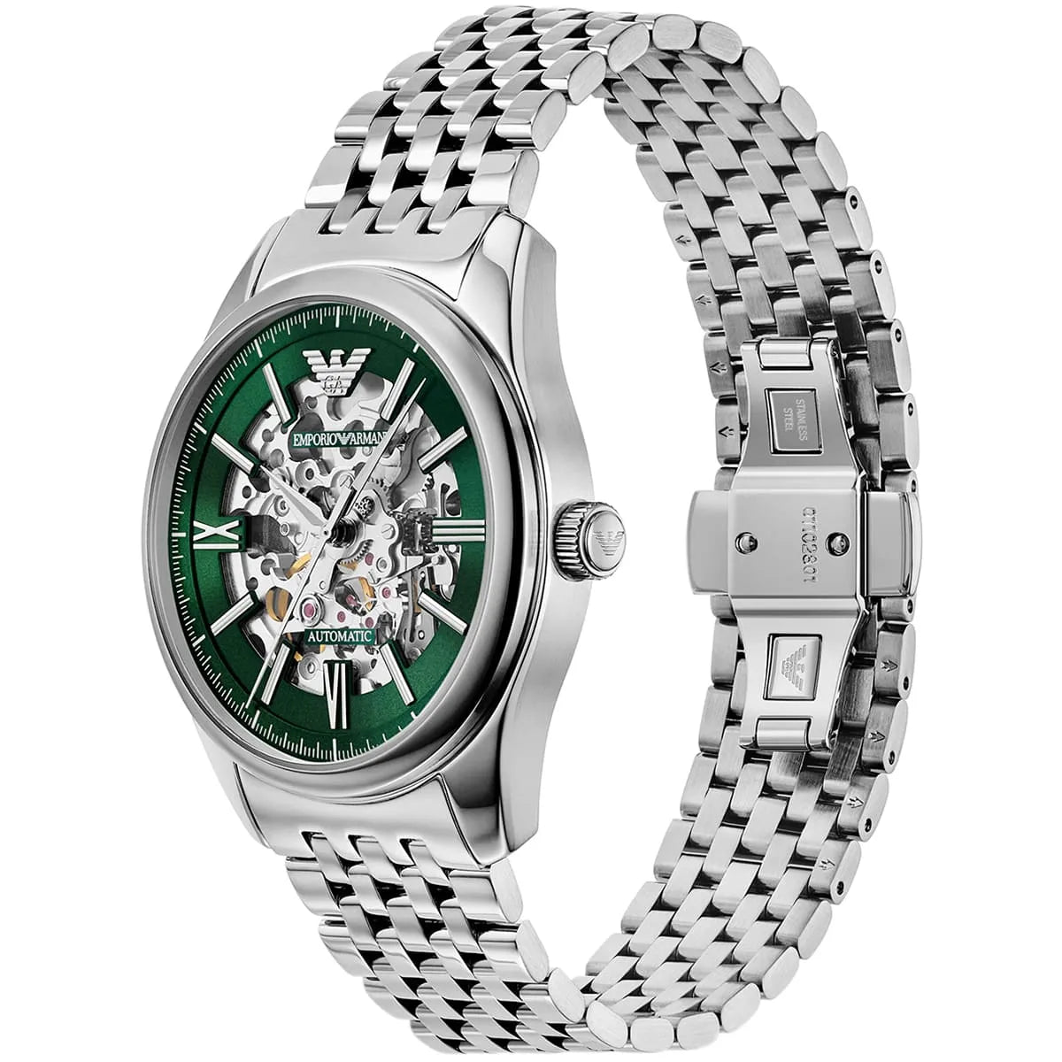 Right angled view of Emporio Armani Antonio AR60091 men's automatic watch highlighting silver finish and mechanical movement details