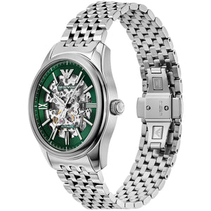 Right angled view of Emporio Armani Antonio AR60091 men's automatic watch highlighting silver finish and mechanical movement details