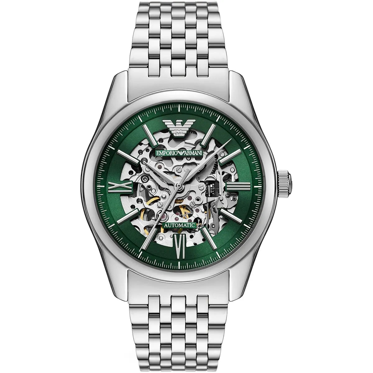 Emporio Armani Antonio AR60091 men's automatic watch with green skeleton dial, silver-tone case, silver stainless steel bracelet main view