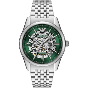 Emporio Armani Antonio AR60091 men's automatic watch with green skeleton dial, silver-tone case, silver stainless steel bracelet main view