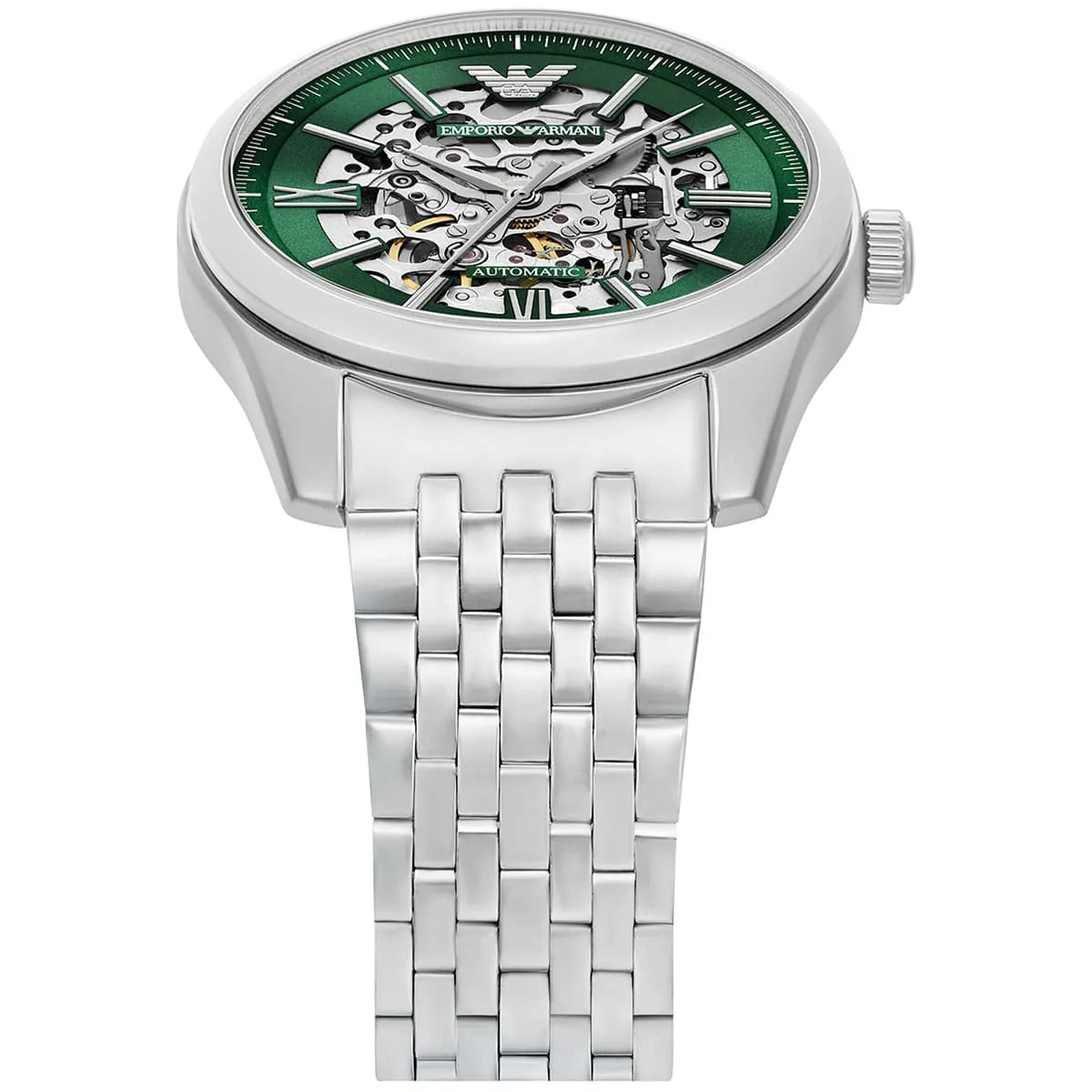 Side profile of Emporio Armani Antonio AR60091 men's automatic watch showing 13mm thickness and silver finish