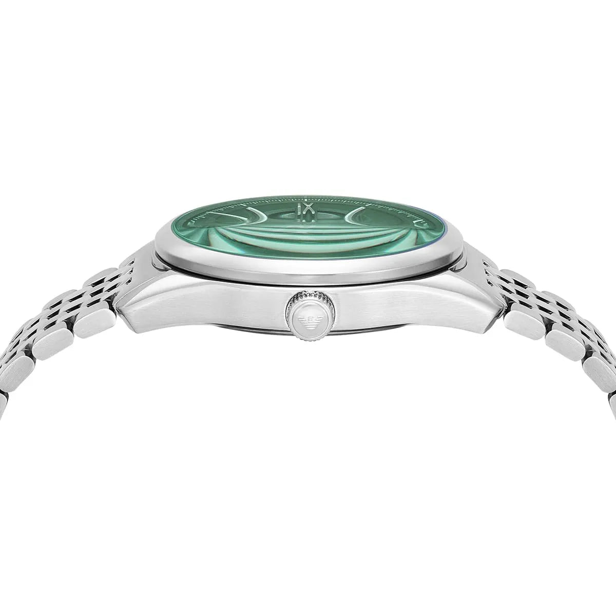 Side profile of Emporio Armani Antonio AR60091 men's automatic watch showing 13mm thickness and silver finish