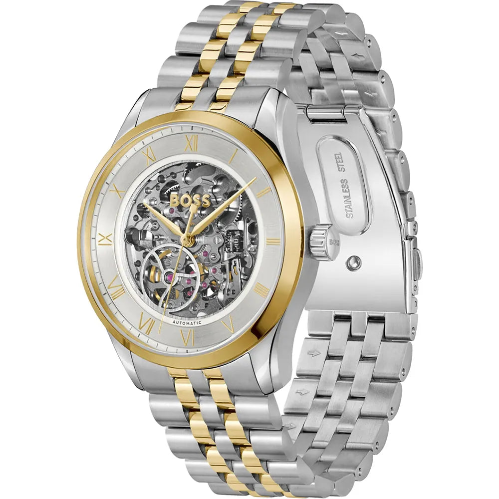 Right angled view of Emporio Armani Antonio AR60092 men's automatic watch highlighting rose gold bezel and mechanical movement details