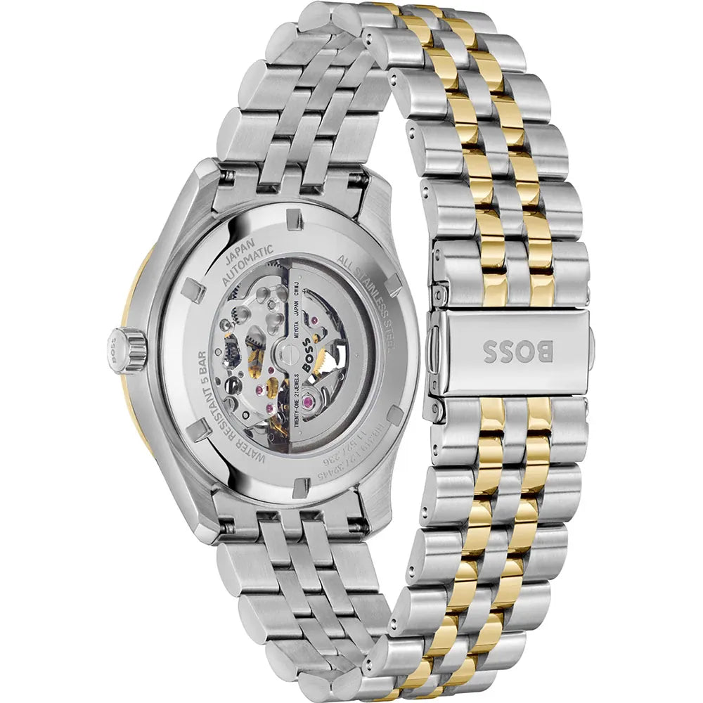 See-through caseback of Emporio Armani Antonio AR60092 men's automatic watch showing technical specs and mechanical movement