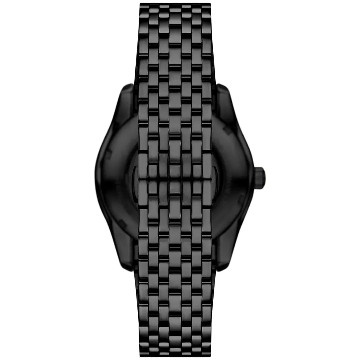 See-through caseback of Emporio Armani Antonio AR60093 men's automatic watch showing technical specs and mechanical movement