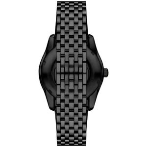 See-through caseback of Emporio Armani Antonio AR60093 men's automatic watch showing technical specs and mechanical movement