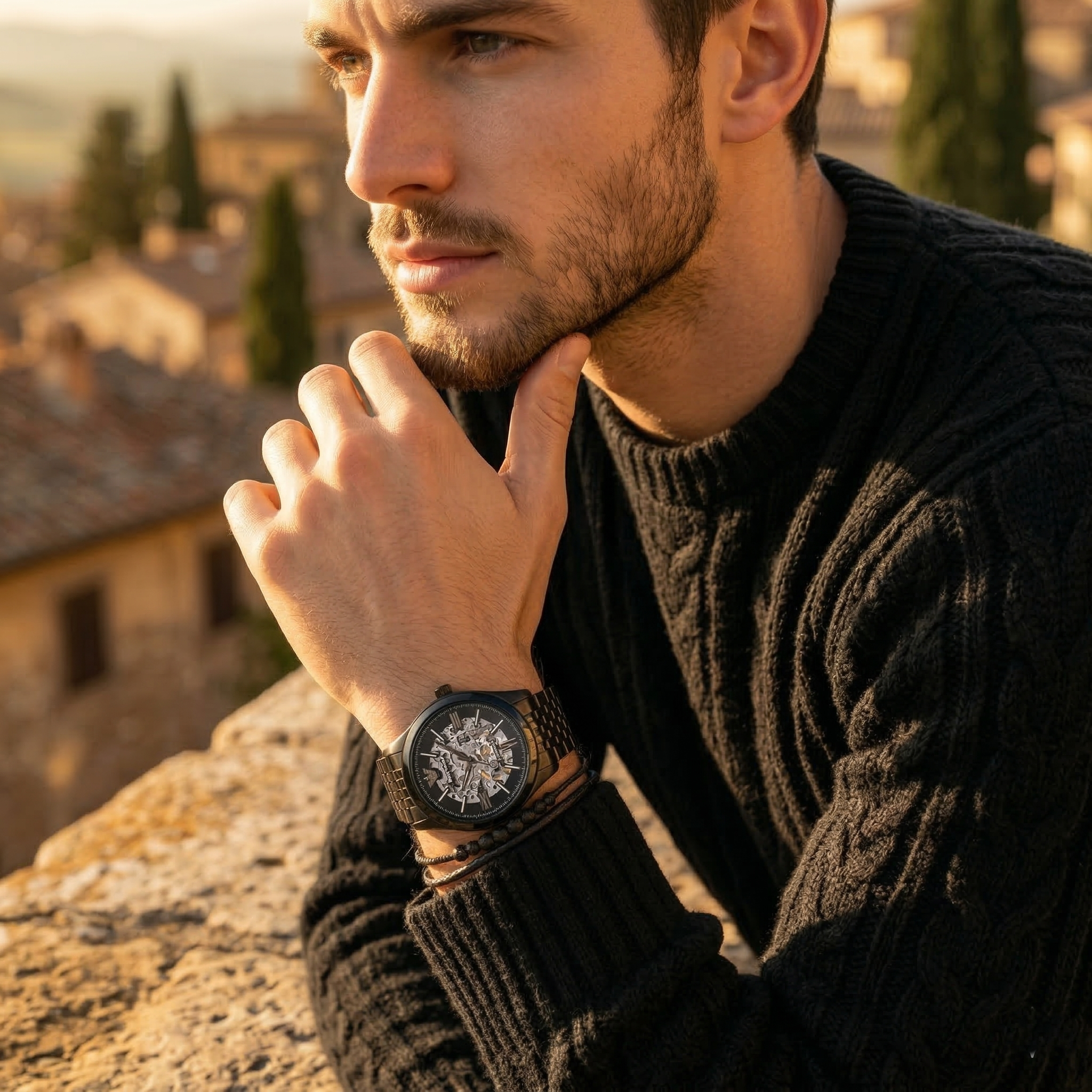 Elegant man wearing Emporio Armani Antonio AR60093 men's automatic watch with black-tone case and luxury skeleton dial
