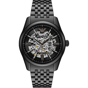 Emporio Armani Antonio AR60093 men's automatic watch with black skeleton dial, black-tone case, black stainless steel bracelet main view