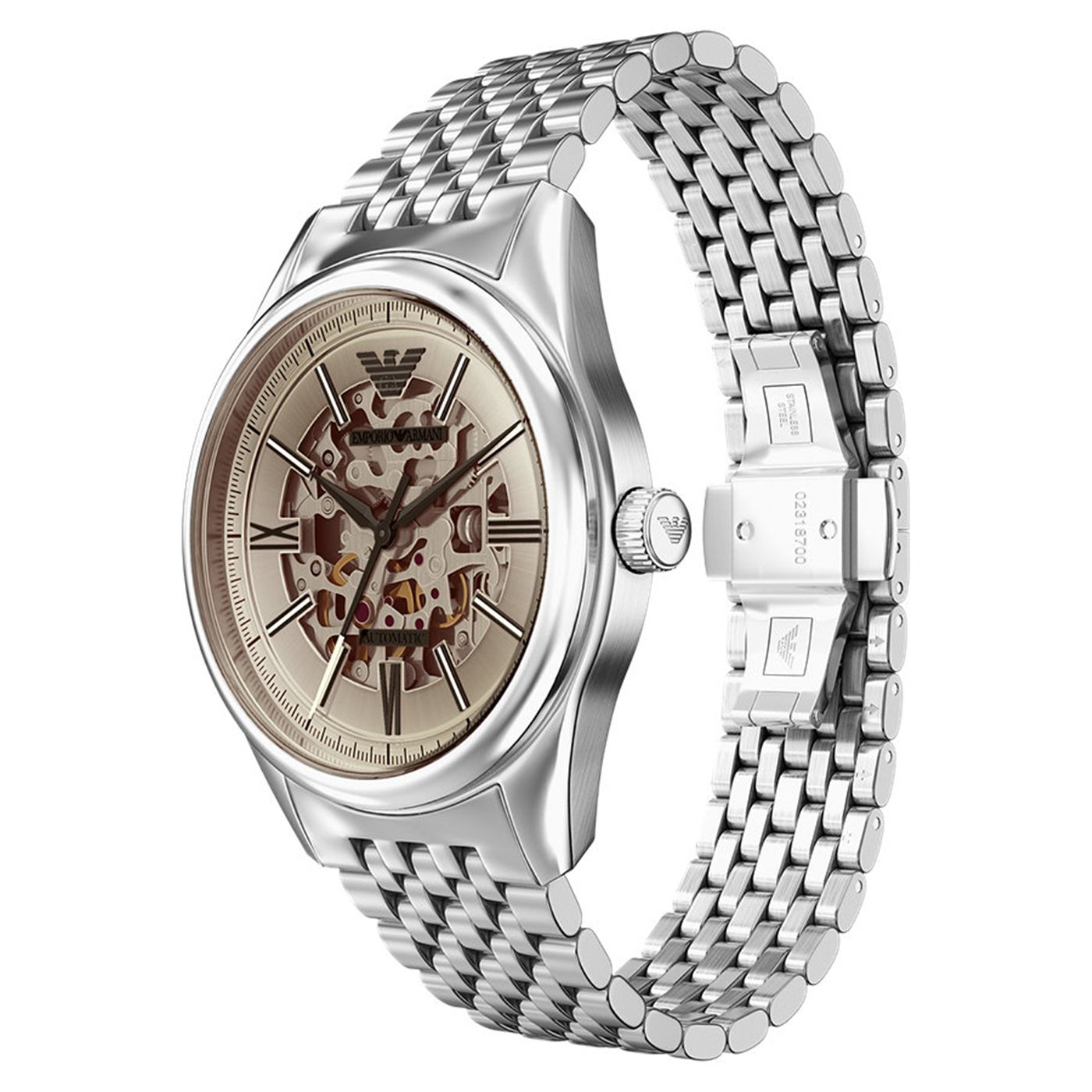 Right angled view of Emporio Armani Antonio AR60095 men's automatic watch highlighting silver finish and mechanical movement details