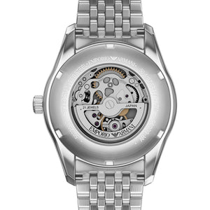 See-through caseback of Emporio Armani Antonio AR60095 men's automatic watch showing technical specs and mechanical movement