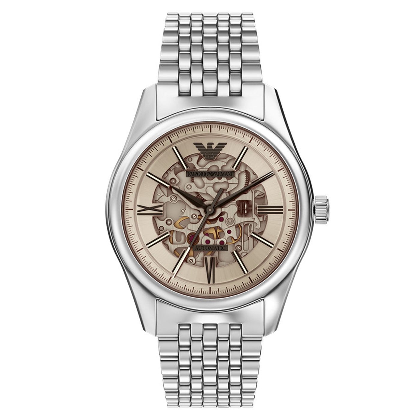 Emporio Armani Antonio AR60095 men's automatic watch with beige skeleton dial, silver-tone case, silver stainless steel bracelet main view