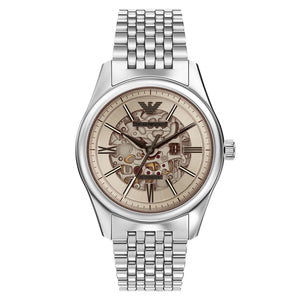 Emporio Armani Antonio AR60095 men's automatic watch with beige skeleton dial, silver-tone case, silver stainless steel bracelet main view