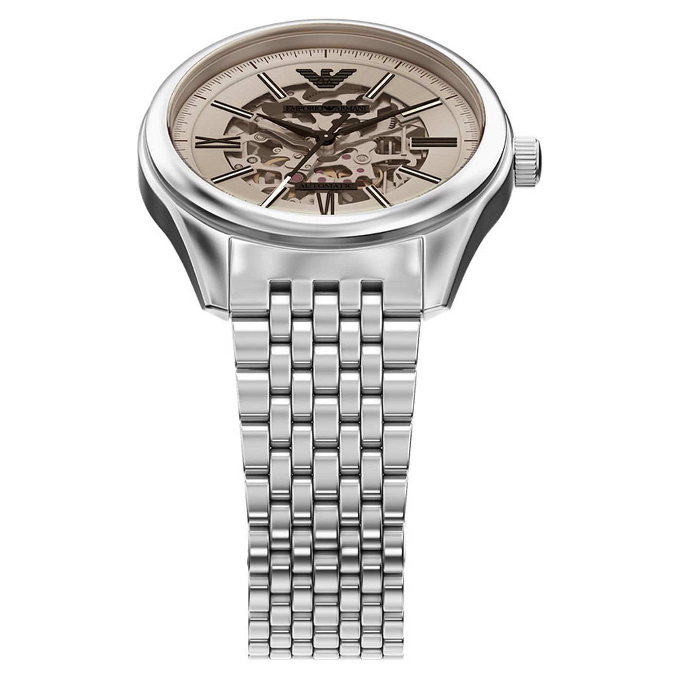 Side profile of Emporio Armani Antonio AR60095 men's automatic watch showing 13mm thickness and silver finish
