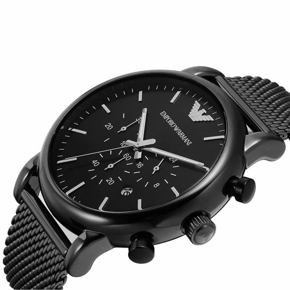 Angled front view of Emporio Armani AR1968 showing matte black finish and crystal