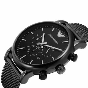 Angled front view of Emporio Armani AR1968 showing matte black finish and crystal