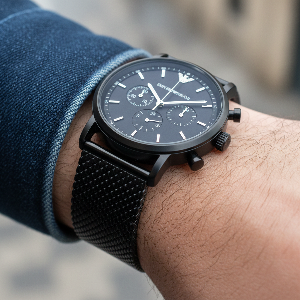 Stylish man wearing Emporio Armani AR1968 black mesh watch with leather jacket