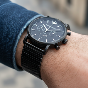 Stylish man wearing Emporio Armani AR1968 black mesh watch with leather jacket