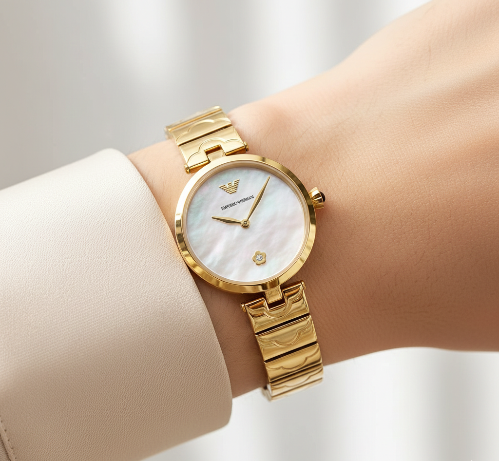 Sophisticated woman wearing Emporio Armani AR11198 silver mesh watch with grey sweater