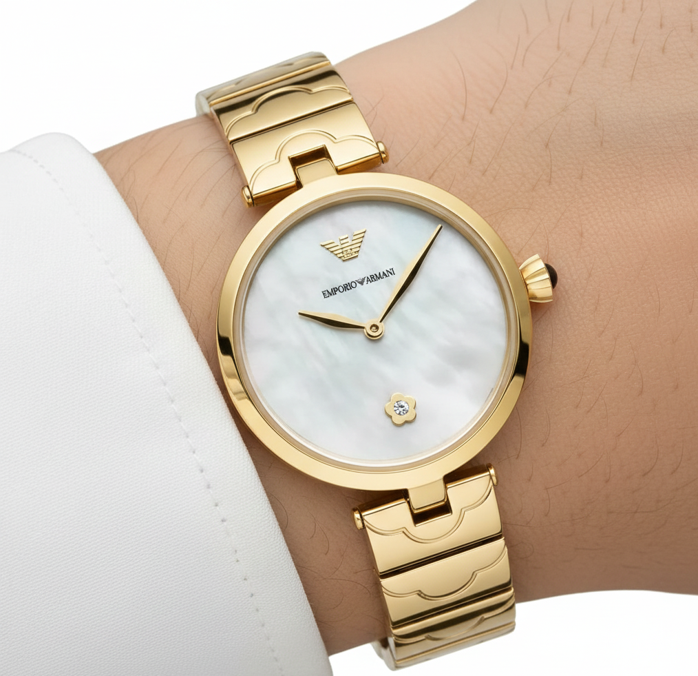 Extreme wrist macro of Armani AR11198 showing pearl dial and crystal markers