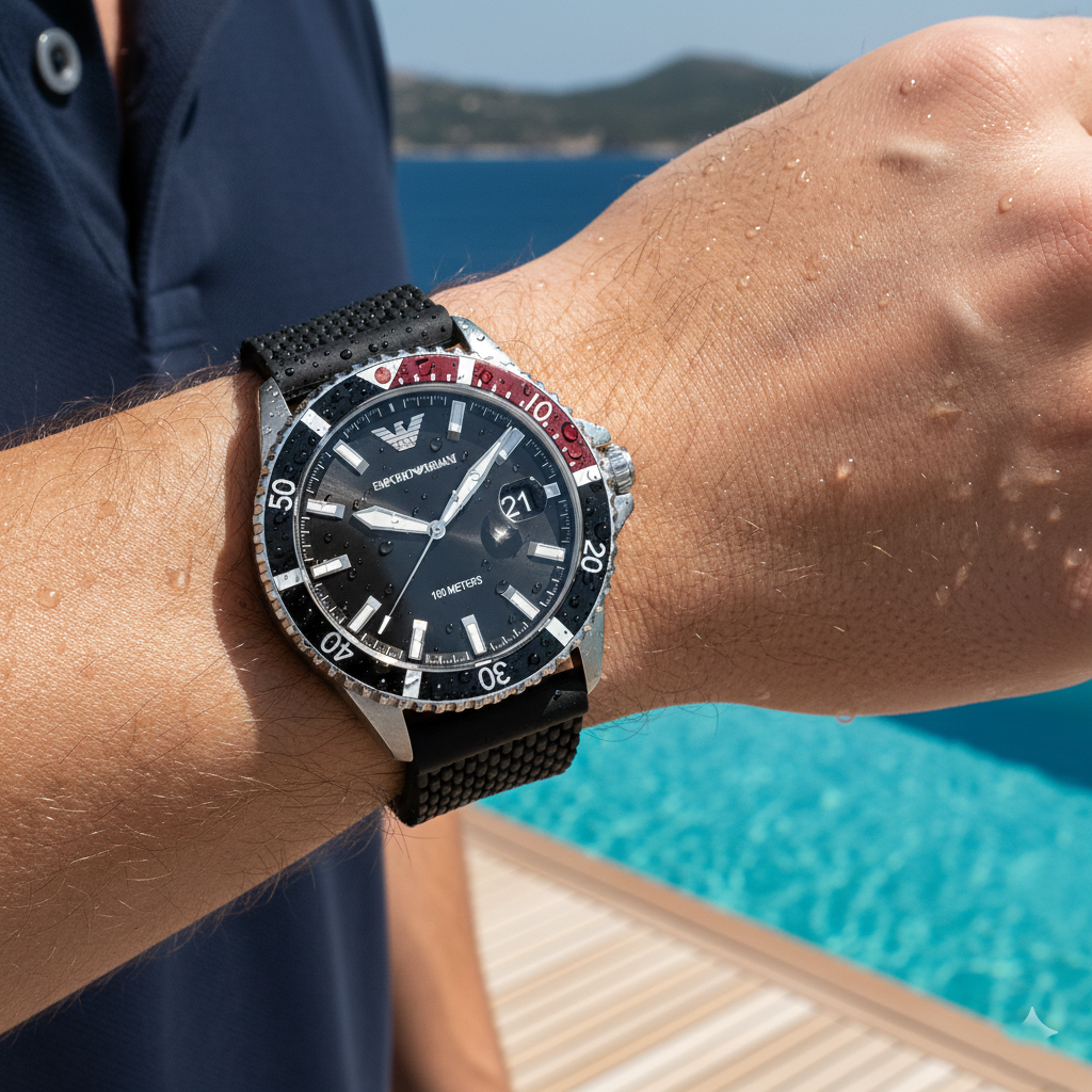 Close up of Armani AR11341 showing black rotating diver bezel and chronograph dial