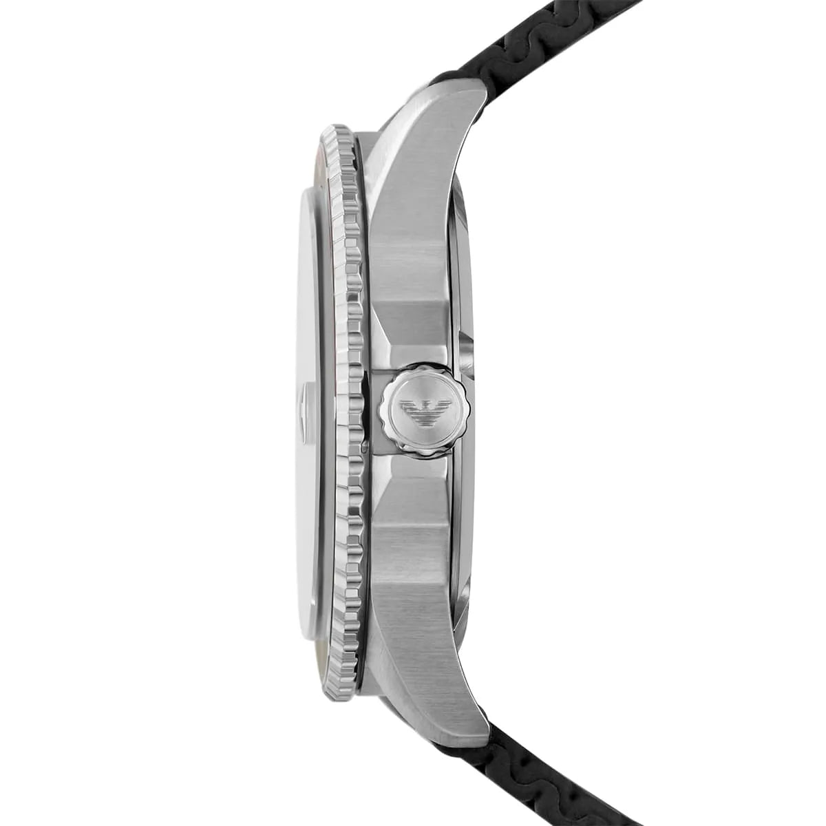 Side view of Emporio Armani AR11341 stainless steel case with chronograph pushers