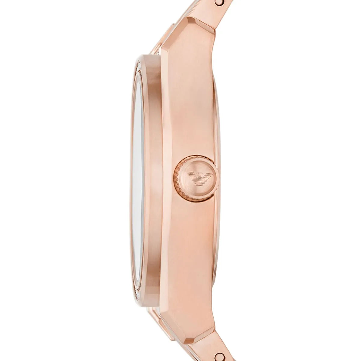 Side view of Emporio Armani AR11558 showing polished rose gold case