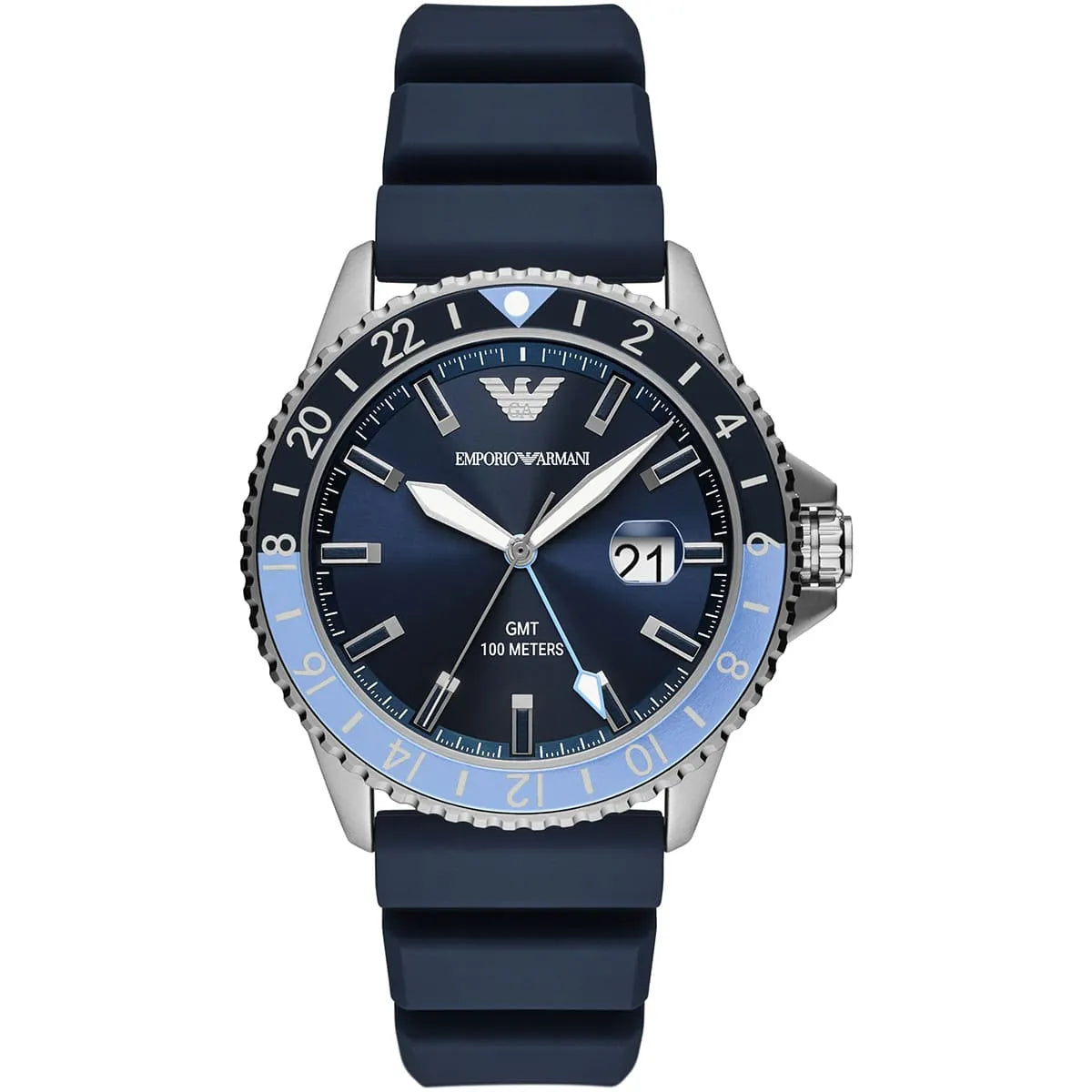 Emporio Armani AR11592 men's GMT diver watch with blue dial and navy rubber strap