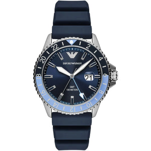 Emporio Armani AR11592 men's GMT diver watch with blue dial and navy rubber strap