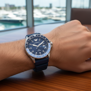 Man wearing Emporio Armani AR11592 GMT watch showing dual time zone feature