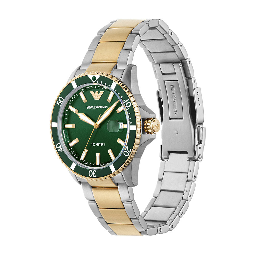 Angled shot of AR80063 showing the coin-edge green rotating bezel