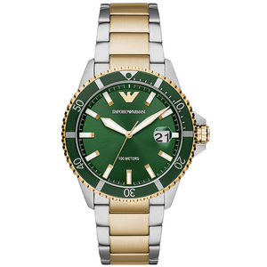 Emporio Armani AR80063 men's diver style watch two tone with green dial and bezel