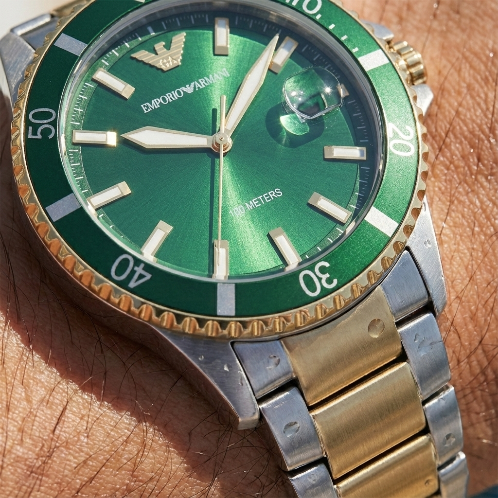 Close up of Armani AR80063 green dial showing date magnifier and luminous markers