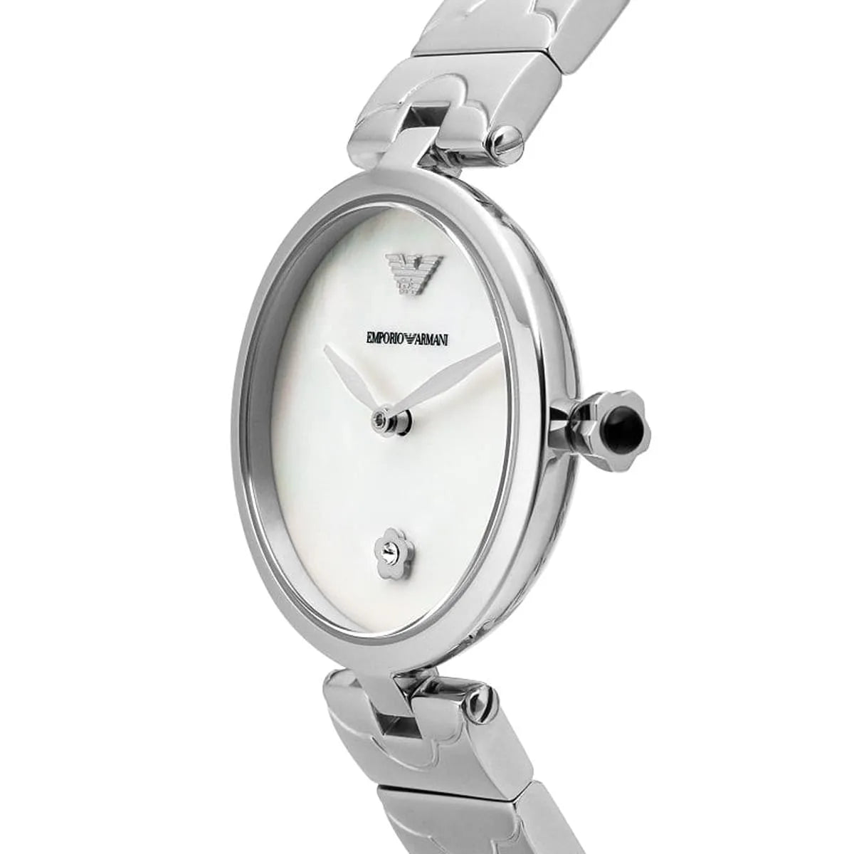 Angled front view of Emporio Armani AR11235 showing minimalist pearl dial