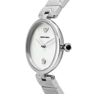 Angled front view of Emporio Armani AR11235 showing minimalist pearl dial