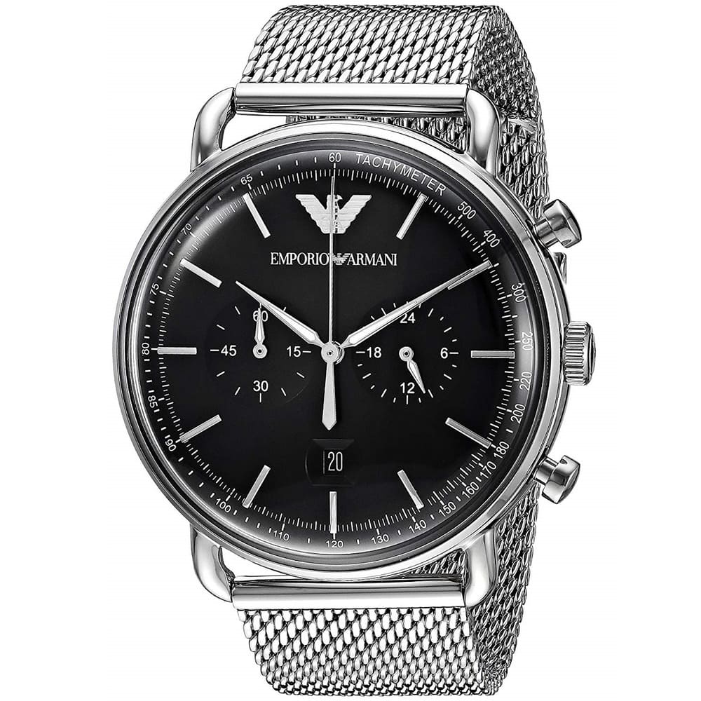 Angled front view of Emporio Armani AR11104 showing distinctive wire lugs and bezel