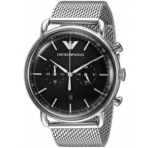 Angled front view of Emporio Armani AR11104 showing distinctive wire lugs and bezel