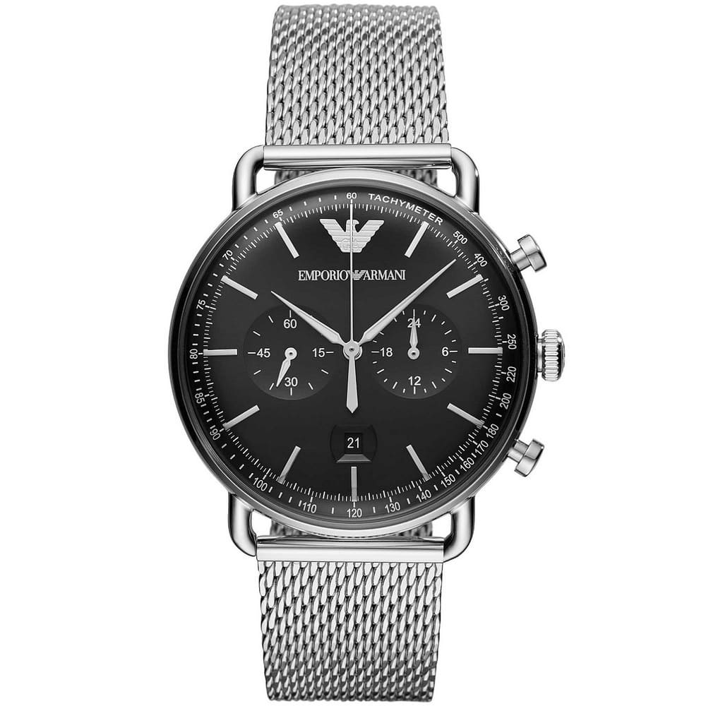 Emporio Armani AR11104 Aviator Men's Watch Black Dial Silver Mesh Bracelet