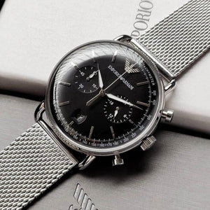 Close-up shot of Emporio Armani AR11104 black dial with tachymeter scale