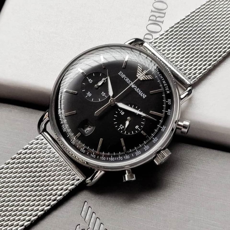 Close-up shot of Emporio Armani AR11104 black dial with tachymeter scale