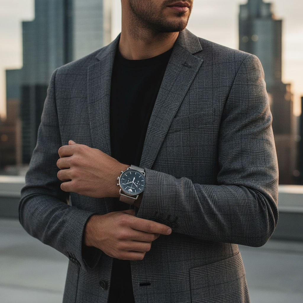 Stylish man wearing Emporio Armani AR11104 silver mesh watch with grey blazer