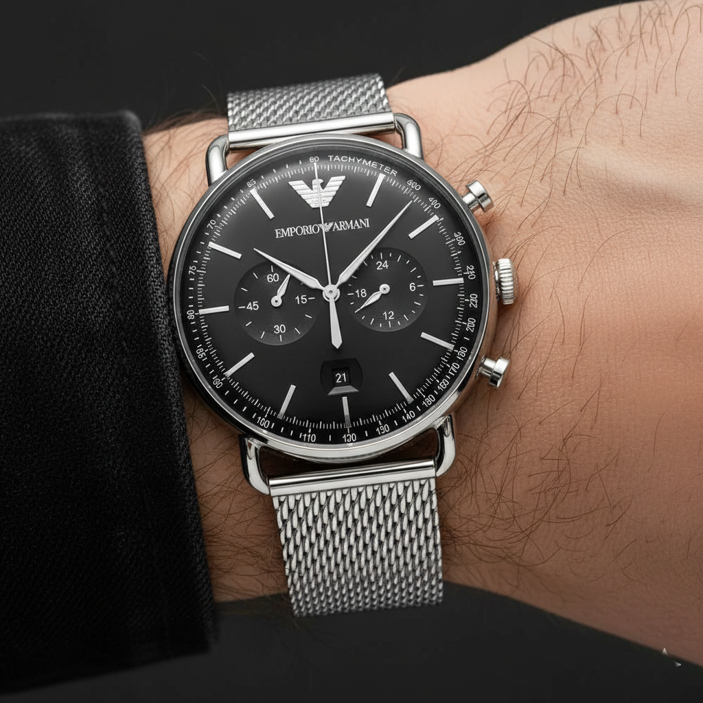 Extreme wrist macro of Armani AR11104 showing silver mesh strap and date at 6
