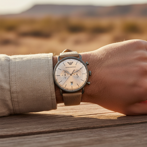 Stylish man wearing Emporio Armani AR11107 beige leather watch with linen shirt