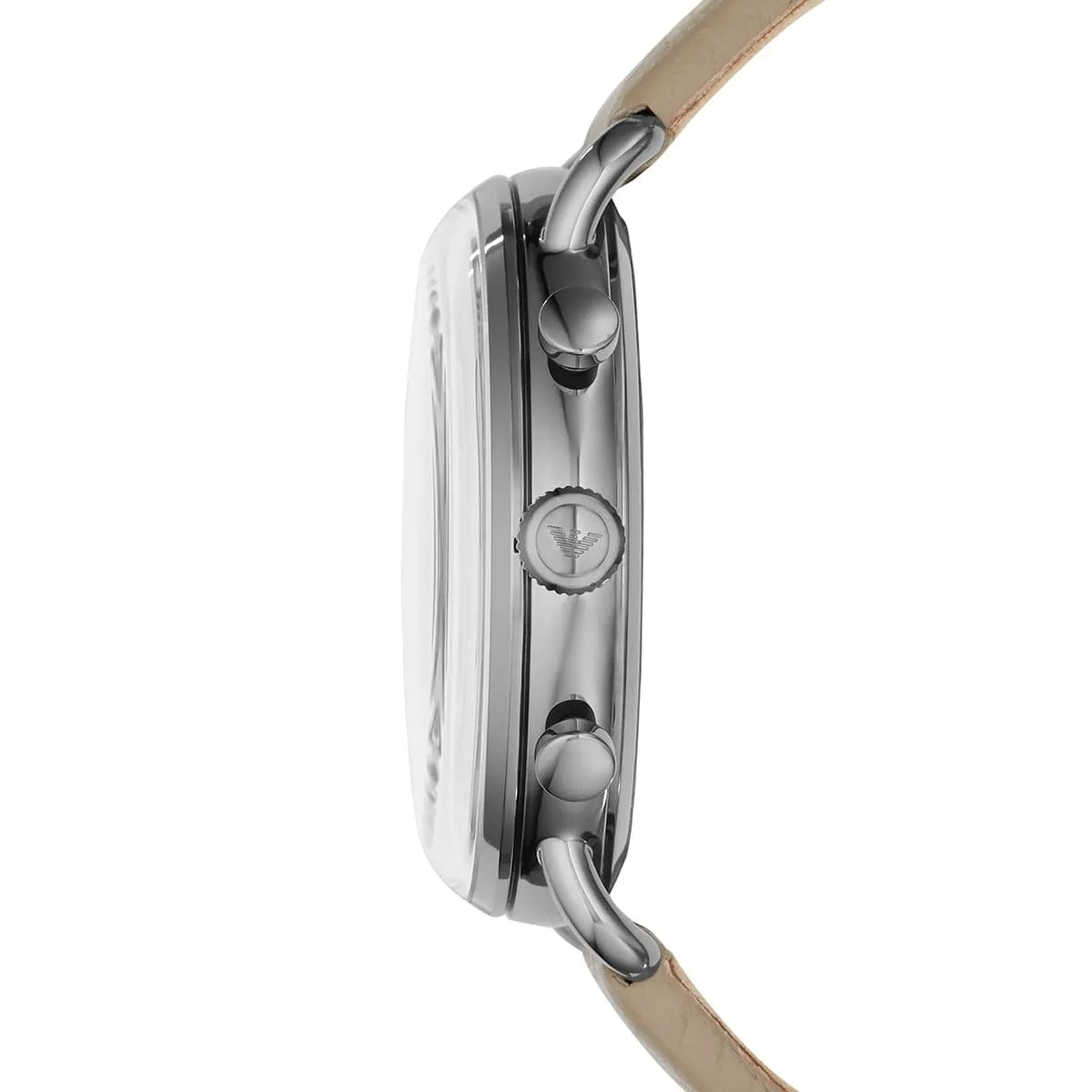 Side view of Emporio Armani AR11107 showing gunmetal wire lugs and chronograph pushers