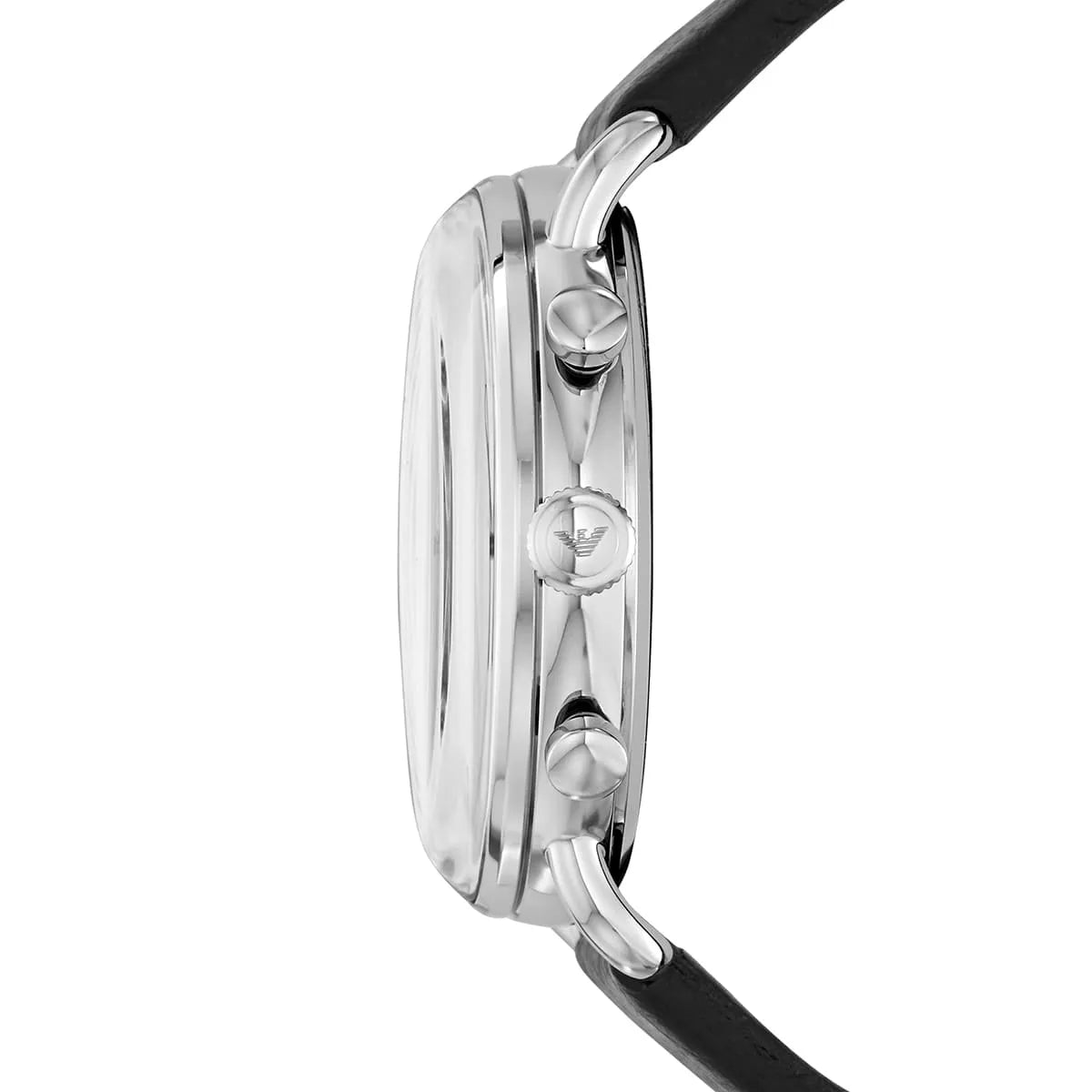 Angled front view of Emporio Armani AR11143 showing tachymeter scale and indices